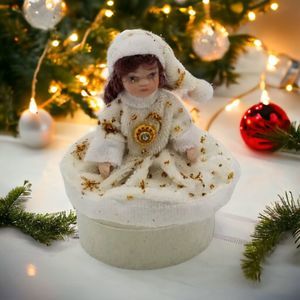 Miniature Christmas Doll Trinket Box Porcelain White Outfit Vintage 4 Inch